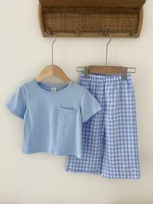 SHEIN Vintaside Kids 2 Pieces Baby Boy Cute Casual Short-Sleeved Top And Plaid Pants Set, Suitable For Summer, Home And Travel