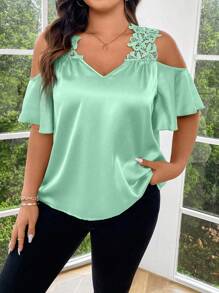 SHEIN Clasi Plus Size Women Contrast Lace Off Shoulder Short Sleeve Elegant Blouse