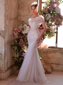 Glamrae Elegant och lyxig broderad spetsapplikation, elastisk spets och mesh, axelbandslös fisktailklänning, lämplig för bröllop, singelfest, semester, bal, smekmånad, brudklänning, brud - Beige - Visa 4