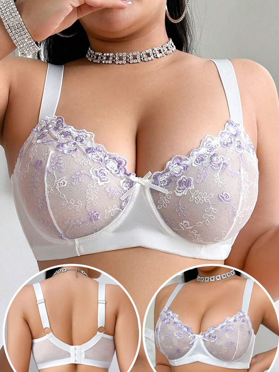 SHEIN 大码网眼刺绣钢圈内衣文胸 - 彩色 - 查看 1