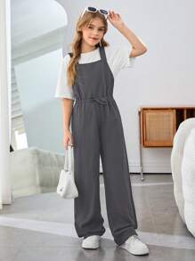 SHEIN Tween Girls Casual Knitted Solid Color Overall Jumpsuit