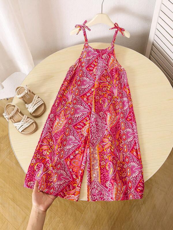 SHEIN Young Girl Allover Print Knotted Front Jumpsuit, Casual Summer Outfit