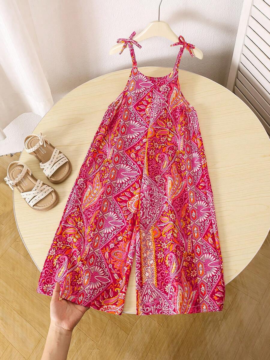 SHEIN Jumpsuit med knutet framtill och överdrag för ung flicka, avslappnad sommaroutfit - Multifärgad - Visa 1