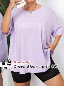 SHEIN CURVE+ Curve Plus Size Women Brooklyn Letter Embossed Black T-Shirt Streetwear