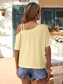 SHEIN LUNE Women's Asymmetrical Shoulder Decor Hollow-Out Embroidery Jacquard Textured Casual Vacation Elegant Blouse Off The Shoulder Top