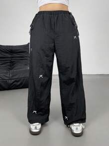 Flirla Women Plus Size Bow Casual Pants - Black - View 4