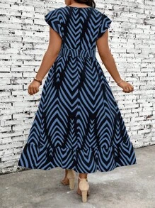 SHEIN VCAY Plus Size Women Elegant V-Neck Ruffle Sleeve Striped Dress - Multicolor - View 2