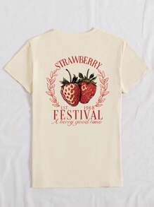 Maglietta a maniche corte da donna con stampa di fragola e lettera, adatta per outfit casual da esterno e per feste, adatta per tutte le stagioni