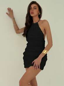 Aloruh Vestido mini ajustado con espalda descubierta, tiras para atar y volantes, vestido romántico para citas y vacaciones de verano