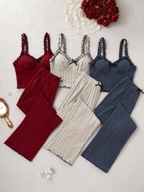 3 Sets Bow Decor Ribbed Cami Top And Pants Pajama Set Lounge Set