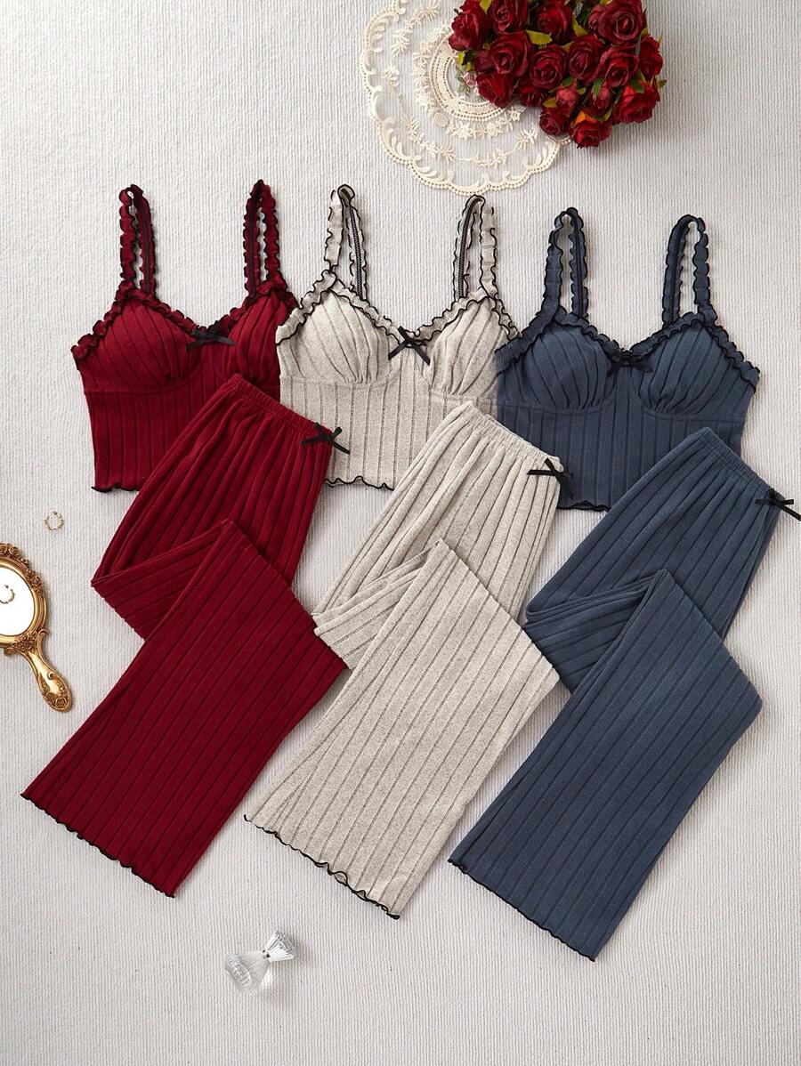 SHEIN 3 件套蝴蝶结装饰罗纹吊带上衣和裤子睡衣套装休闲套装 - 彩色 - 查看 1