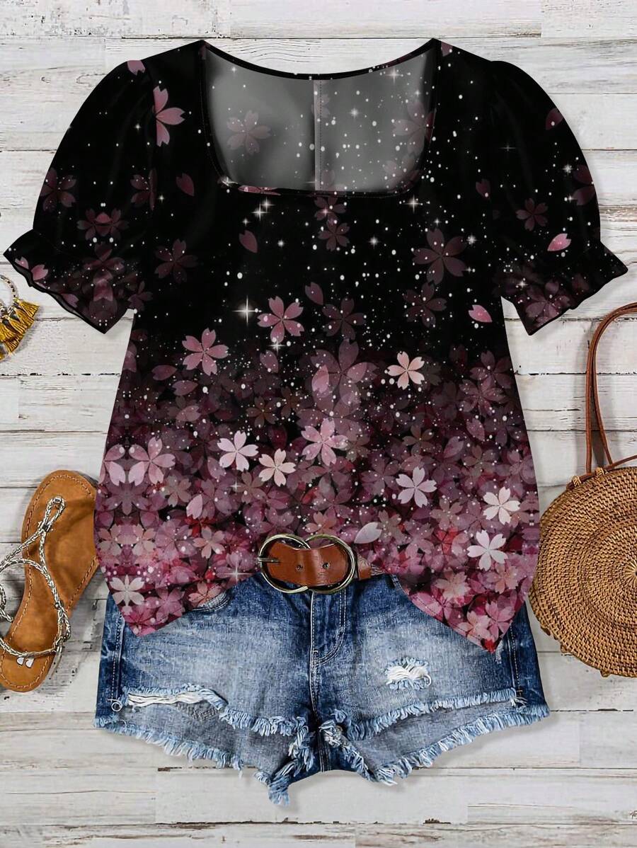 SHEIN LUNE Plus Size Mother's Day Red & Black Ditsy Floral Keyhole Neck Puff Sleeve Blouse, Casual Minimalist Suitable For Summer Vacation Chic Blouses For Women