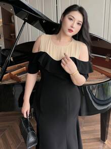 Dazy Plus Elegantes langes Meerjungfrauenkleid mit Volants-Kragen für Partys, Hochzeiten und Abschlussbälle in Große Größen - Schwarz - Übersicht 1