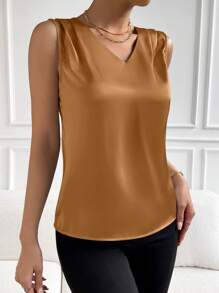 EMERY ROSE Blusa de mujer de verano con cuello en V unicolor, sin mangas, con volantes - Marrón - Ver 4