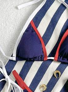 Swim Mod Women 2-Piece Contrast Trim Halter Knotted Bikini Set For Summer Beach Vacation - Multicolor - View 5