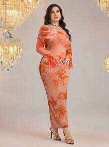 Modelyn Plus Size Floral Print Ruched Off Shoulder Elegant Long Sleeve Dress - Orange - View 3