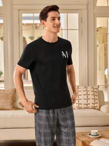 Men's Letter Print Round Neck Short Sleeve Casual Home Top  Pajamas Set For Men  Sleepwear Nightwear