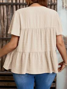 EMERY ROSE Plus Size Women Solid Color Round Neck Ruffle Short Sleeve Loose Blouse,Boho Summer,Western Wear Women,Vacation - Apricot - View 2