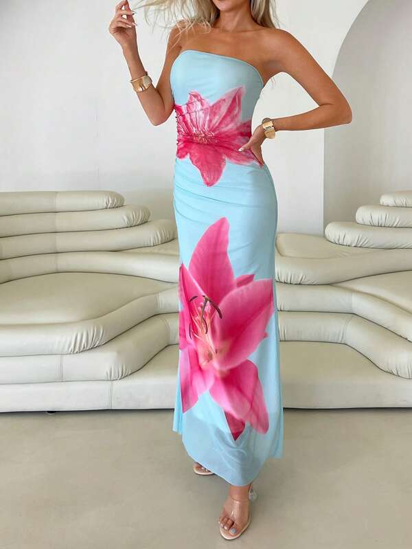 Roylia Spring/Summer Fashion Store Sexy Blue Strapless Fitted Floral Elegant Formal Dress, Suitable For Party, Ball, Festival, Outdoor Occasion