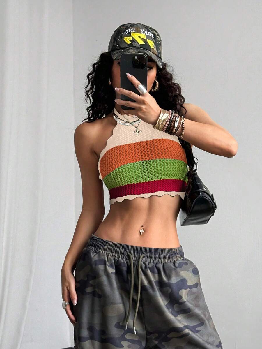 StreetHx 街头服饰 女式多色露肩短款吊带无袖针织上衣 春夏季 - 杏色 - 查看 1