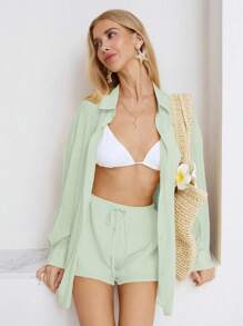 Sunnyshic 2 件套 - 女士休闲日常纯色亚麻薄面料纽扣前长袖衬衫和低腰短裤，春夏 - 橄欖綠 - 查看 4