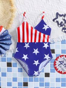 SHEIN Costum de baie drăguț pentru fetiță, tricotat în dungi, cu model de stea - Multicolor - Vizualizare 1