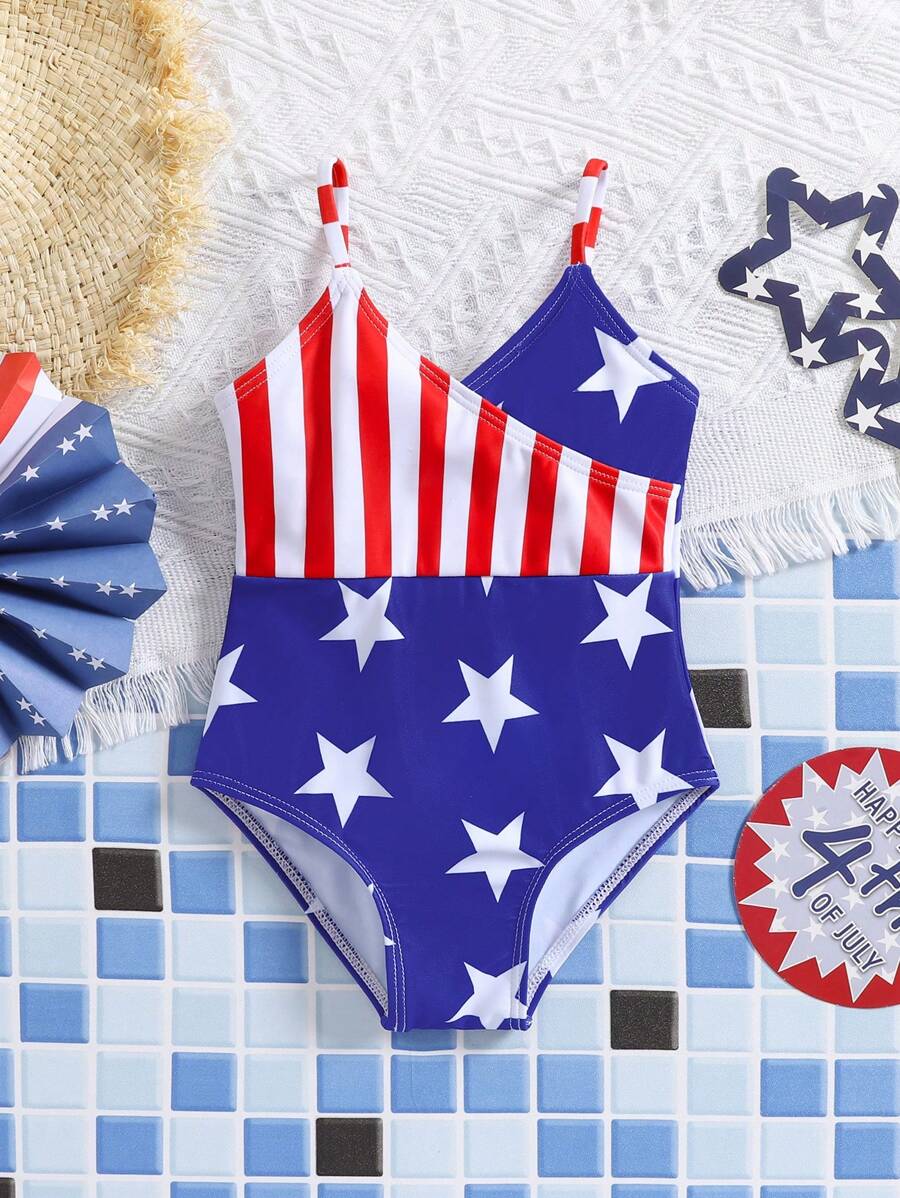 SHEIN Costum de baie drăguț pentru fetiță, tricotat în dungi, cu model de stea - Multicolor - Vizualizare 1