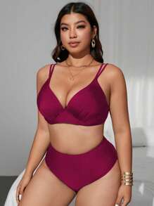 SHEIN Swim Curve Conjunto de bikini de 2 piezas con talla grande, tiro alto, triángulo con sujetador con aros, tirantes ajustables, elegante, de moda y sexy para playa