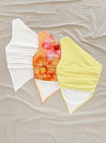 Soleia 3pcs Vintage Style Casual Vacation Sexy Cute Orange Hibiscus Tie-Dye Positioning Floral Watercolor Coconutgirl Boho Festival Women Tops Suitable For Going Out - Multicolor - View 2