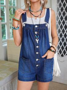 LanaWest Women's Baggy Pocket Denim Bib Shorts