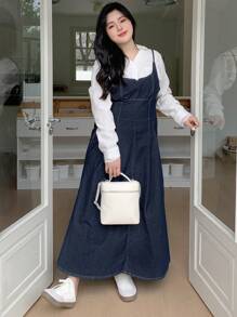 Dazy Plus 水洗加大码纯色吊带牛仔背带裙，四季皆宜的百搭连衣裙 - 深色水洗藍 - 查看 3