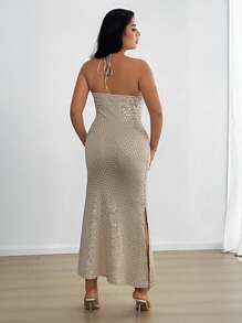 Flirla Abito aderente e ruched con paillettes, senza schienale e con collo a capestro - Cachi - Visualizzare 2