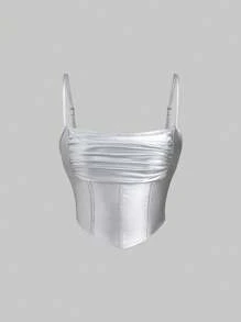 Sweetra Top de tirantes ajustable con efecto arrugado y falso revestimiento de PU con aspecto de espina de pescado, estilo vintage elegante para mujer