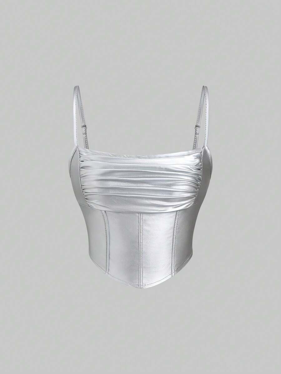 Sweetra Top de tirantes ajustable con efecto arrugado y falso revestimiento de PU con aspecto de espina de pescado, estilo vintage elegante para mujer