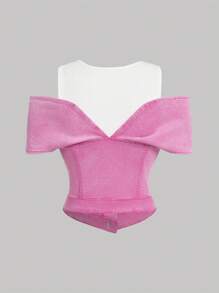 SHEIN MOD Women's Denim Off Shoulder Top, Bodycon Elastic Blue - Pink - View 2