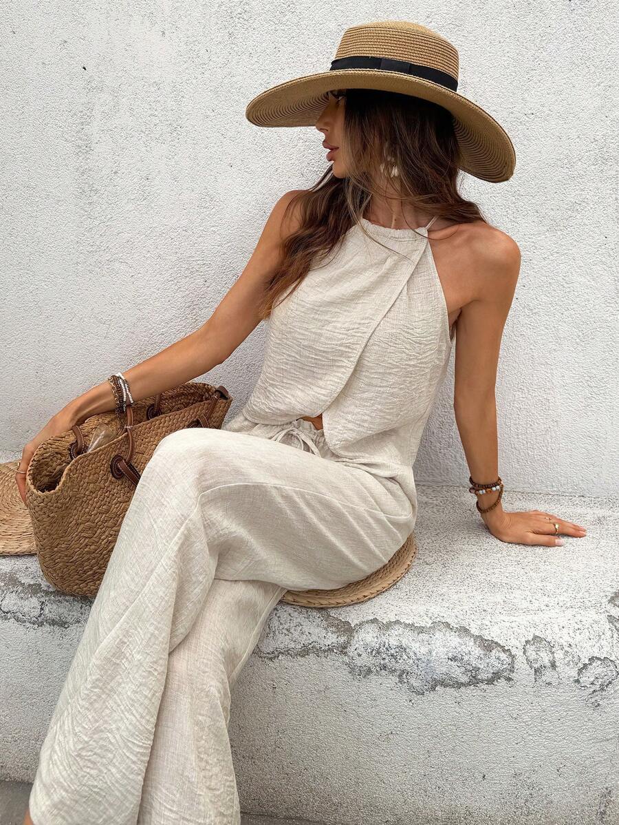 SHEIN Frenchy Women's Casual Apricot Textured Hanging Neck Sleeveless Two Pieces Everyday Dressing Summer Outfits For Women Two Pieces Set Women 2 Pieces Sets Woman Vacation Outfits Women Women Clothing Sets - Apricot - View 1