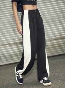 Streetz SHEIN Sport Pantalones casuales holgados con cintura elástica y piernas anchas de color contrastante para mujer