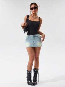 SHEIN PETITE Women's Pocket Design Slim-Fit Casual Denim Mini Skirt Y2k - Blue - View 4