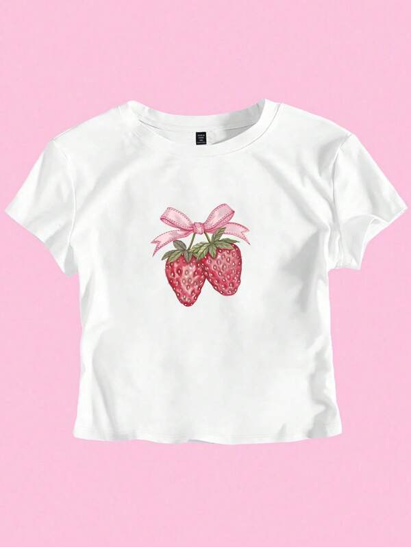 Flirla Tricou pentru femei de vară, ocazional, Y2K, cu căpșuni, cu fundă, cu gât rotund, cu imprimeu grafic Tricou pentru femei