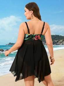 Swim Lushoire Traje de baño de 2 piezas para mujer talla grande con estampado tropical, combinación de malla negra para vacaciones en la playa