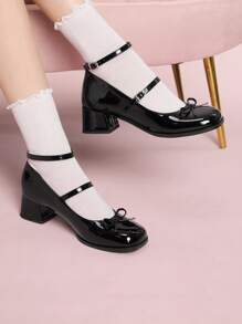 CUCCOO DOLLMOD 女士时尚黑色漆皮玛丽珍蝴蝶结粗跟圆头高跟鞋，适合上学、上班、约会、派对、圣诞节等场合。 - 黑色 - 查看 5