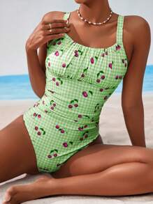 SHEIN Traje de baño de una pieza con estampado de cuadros y cerezas, adecuado para la playa y las vacaciones para mujeres