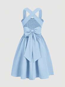 SHEIN 青少年女孩镂空蝴蝶装饰交叉带无袖休闲连衣裙 - 淺藍色 - 查看 3