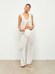 AiiRZ Conjunto de top con nudo tejido y pantalones acampanados - Blanco - Ver 1