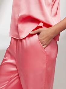 LUVLETTE 粉色女士缎面心形蕾丝边长款透气睡衣套装休闲套装内衣免费发带裤子带口袋