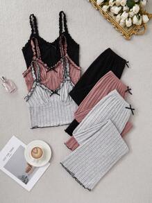 3 Sets Bow Decor Rib Knit Cami Top & Pants Pajama Set Lounge Set