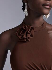 Elitara Elegant Halter-Neck Floral Ruched Tulle Mermaid Bridesmaid Dress - Brown - View 6