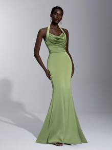 SHEIN Belle Elegant And Romantic Olive Green Halter Design, Asymmetrical Pleating, Modified Body, Slim Fishtail Hem, Suitable For Dating, Vacation, Wedding, Bridesmaid Dress - Olive Green - View 5
