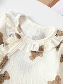 SHEIN 寶寶女孩鬆身休閒卡通熊印花睡衣連帽子 - 杏色 - 查看 4