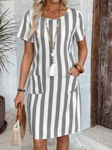 EMERY ROSE Women Striped Print Patch Pocket Round Neck Short Sleeve Short Dress Summer Dresses For Women,Shirt Dresses For Women